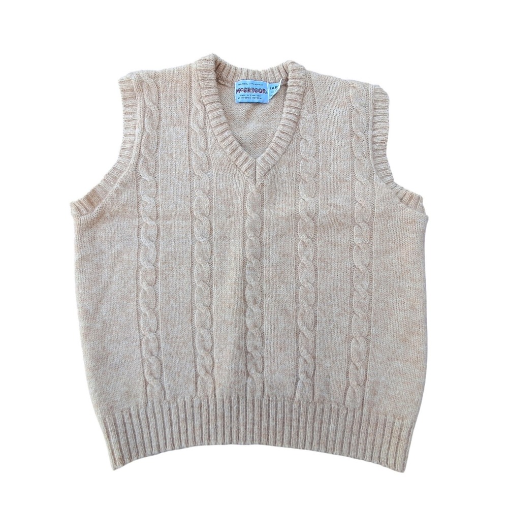 McGregor Vintage Cable Knit Sweater Vest Tan 70% Wool Blend V-Neck Mens Large